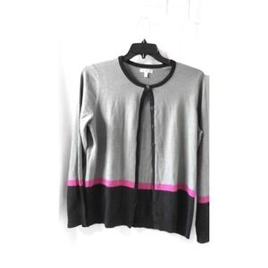 Croft and Barrow Women's Large Button Up Cardigan Sweater Grey/Black/Fushia